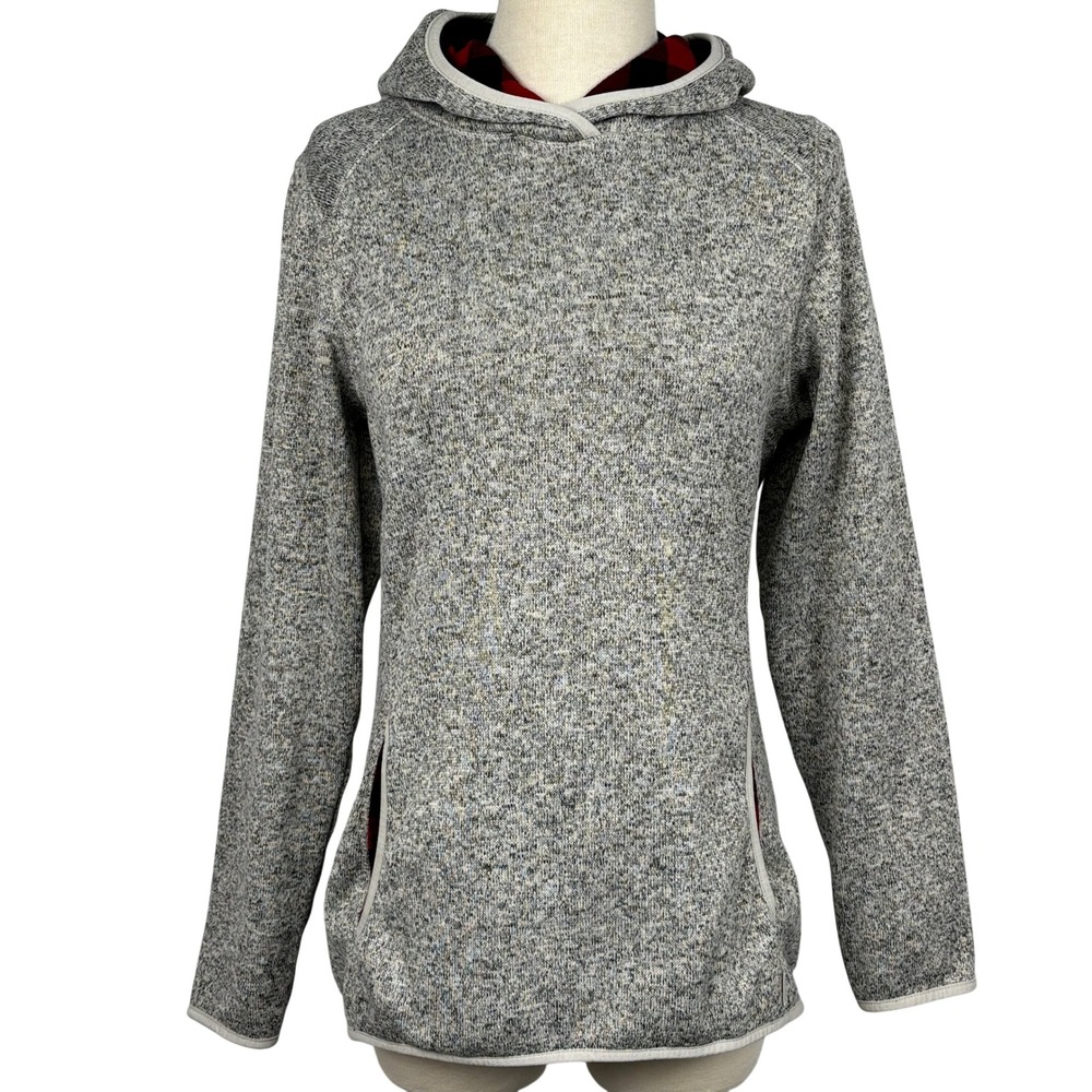 Eddie Bauer Womens M Gray Fleece‎ Hoodie red & black buffalo Plaid Lined Hood
